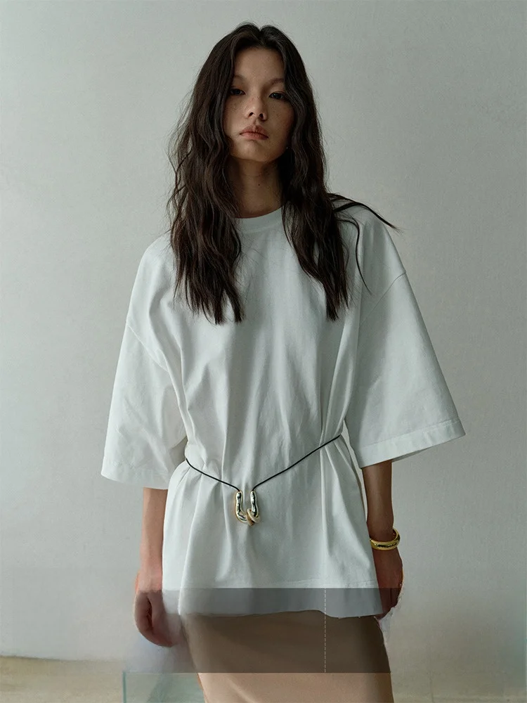 

Ayuko Pure Cotton 00% Mid-Sve T-irt round Ne Loose Fit oulder Casual White Commute Sle Women's Faion