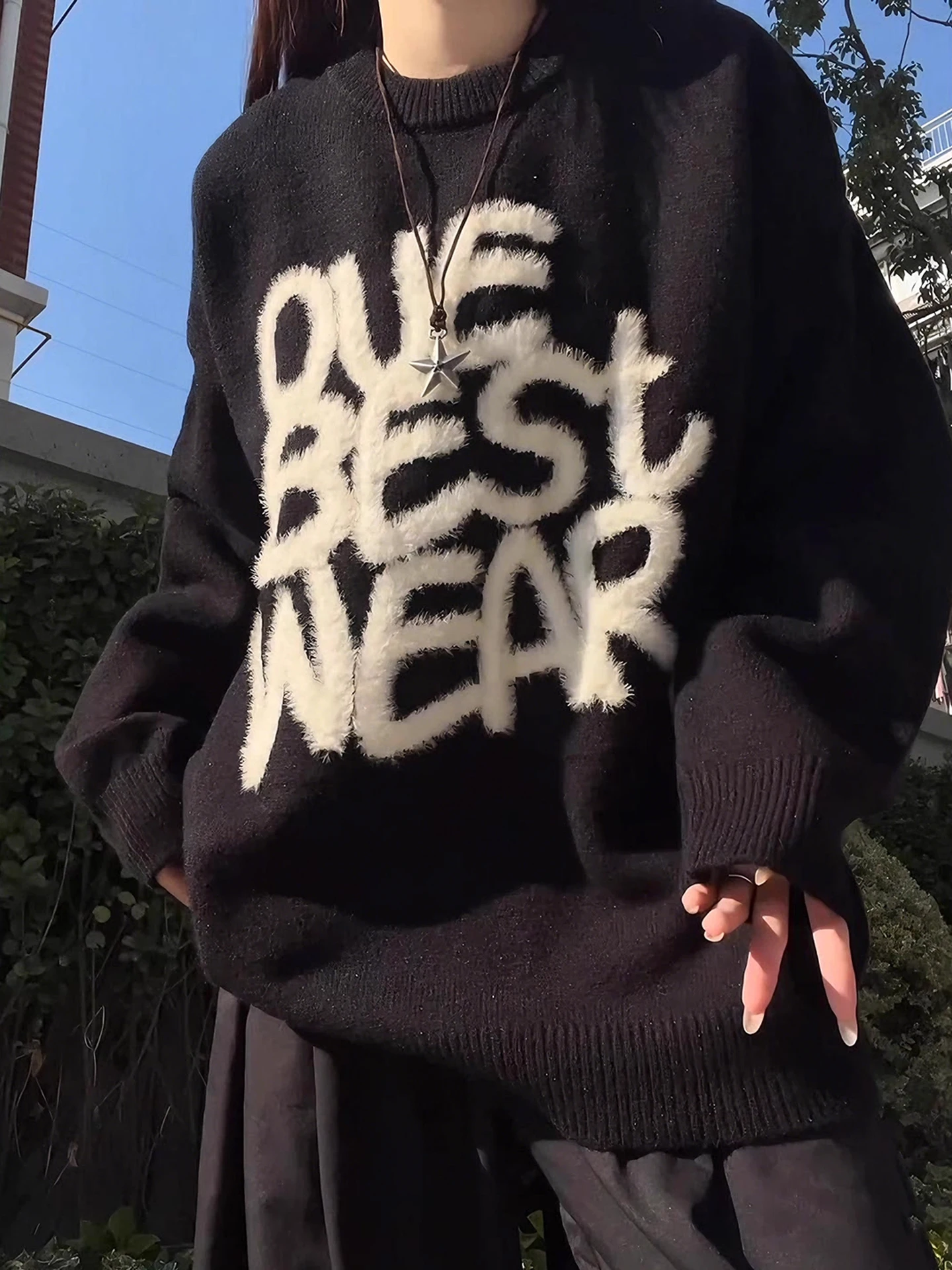 

Круглый свитер с американским буквенным принтом Ne, мужской зимний тяжелый ленивый вязаный уличный повседневный топ для пар