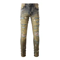 Men Holes Ripped Stretch Denim Jeans Vintage Retro Blue Distressed Pants Skinny Tapered Trousers