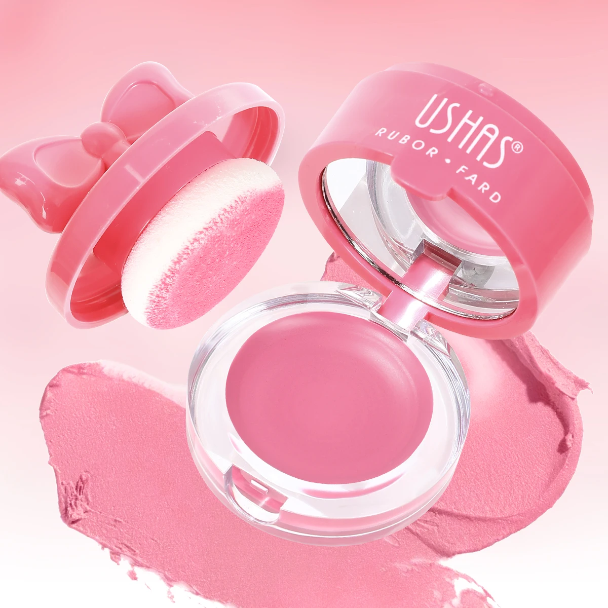 USHAS, verkrijgbaar in 8-kleuren, blushcrème, met spiegel, gezichtscrème en poeder in één verpakking, waterdicht.