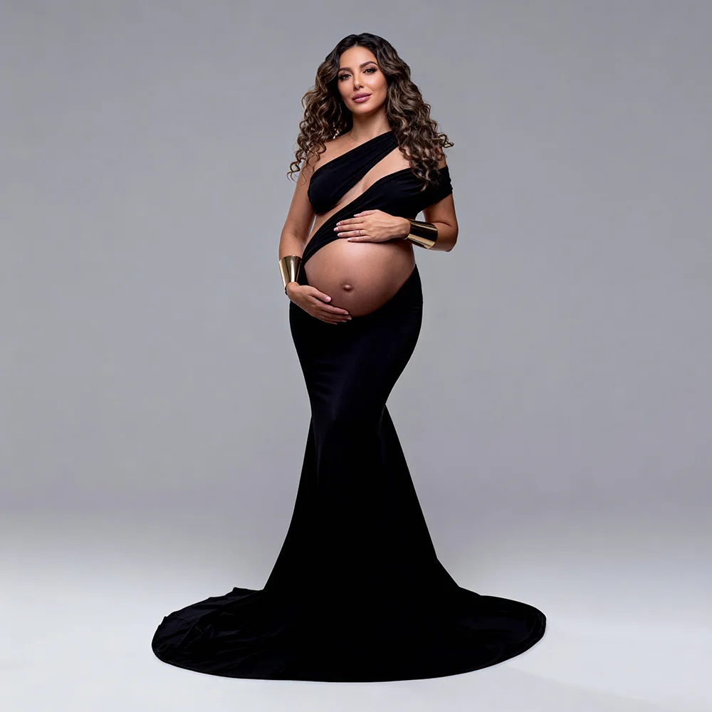 Sexy Black Pregnant Woman Photography Dress Slope Shoulder Stretchy Skinny Maternity Long Dress for Photo Shoot