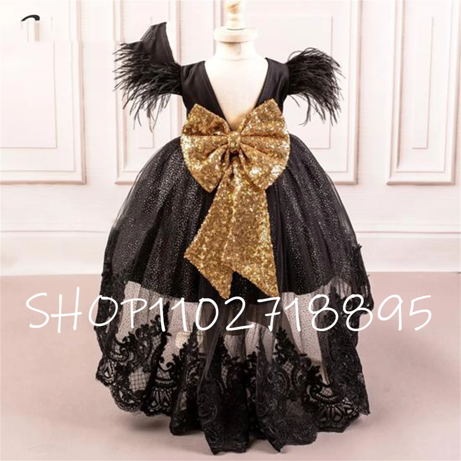 

Kid High/low Lace Layers Skirt Party Dresses Glitter Sequin Bow Knot Pagnant Dresses Feather Sleeves V Back Flower Girl Dresses