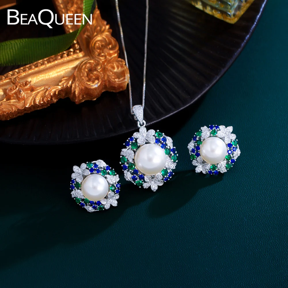 BeaQueen Trendy Colorful CZ Pearl Silver Plated Flower Pendant Necklace Earrings Sets for Women Festive Party Jewelry Gift JS418