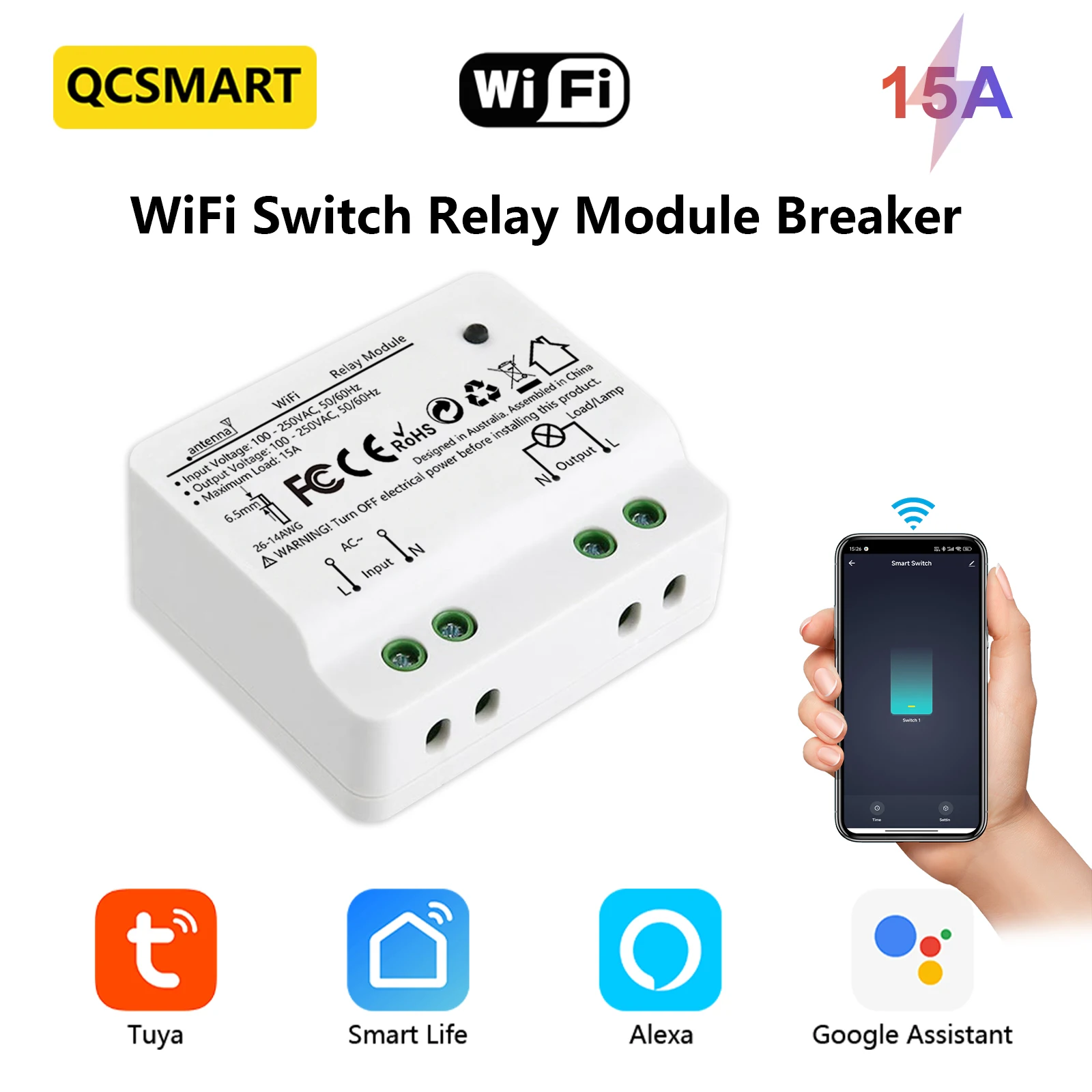 QCSMART Wireless Switch 15A Relay Socket Module Tuya Smart Life App Remote Control Timer Work with Home Assistant Alexa