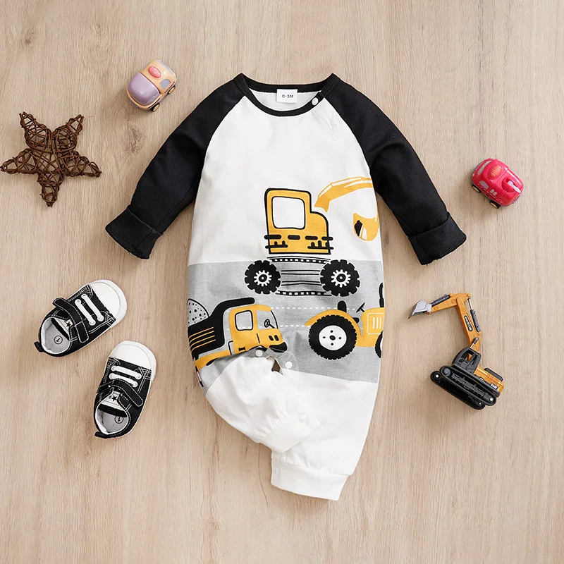 Fashion Newborn Baby Boy Spring and autumn Clothes Long sleeves and Round Collar Cartoon Car Print Romper Jumpsuit 0-24 months