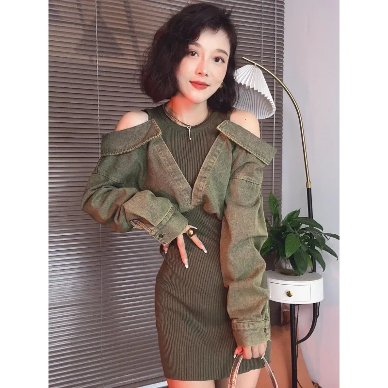 Dames nieuwe herfstrok woon-werkverkeer lichte luxe herfstjurk korte bovenkleding jonge splitsing off-the-shoulder prachtige vrije tijd