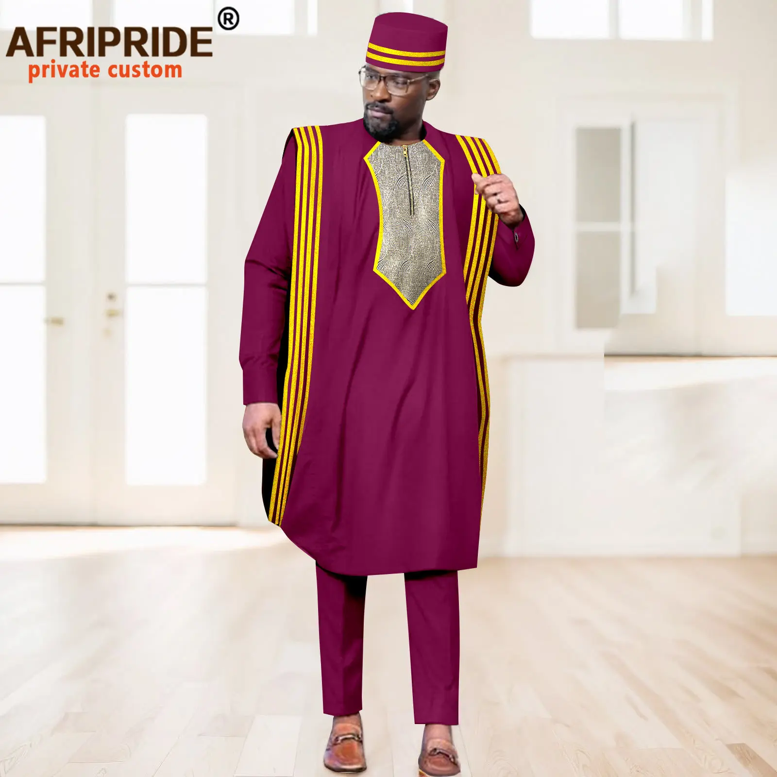 African Traditional Clothes for Men Embroidery Agbada Robe Shirts Pants and Hats 4 Pieces Set Dashiki Outfits Wedding 2416111