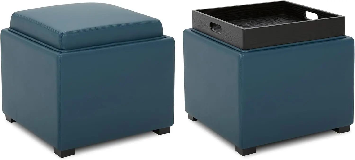 Chita Storage Ottoman Cube With Reversible Tray Lid, Set Of 2, Small Square Footstool, End Table For Living Room, Faux Leather