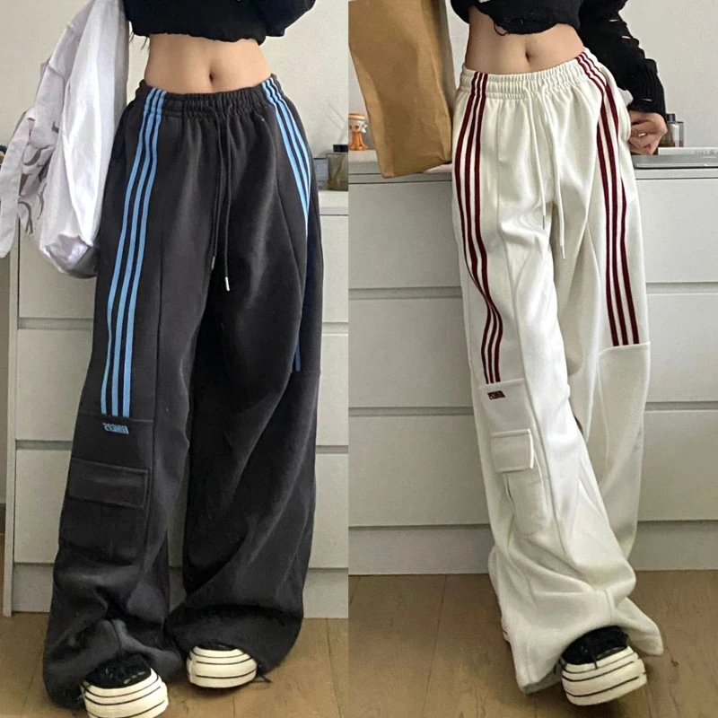 Striped Sweatpants Women Streetwear Cargo Pants Harajuku Wide Leg Joggers High Waist Baggy Sports Trousers