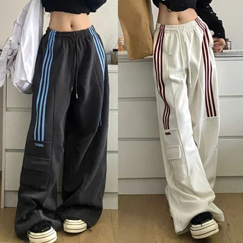 Pantalones de chándal a rayas para mujer, ropa de calle, pantalones Cargo, pantalones de pierna ancha Harajuku, pantalones deportivos holgados de cintura alta