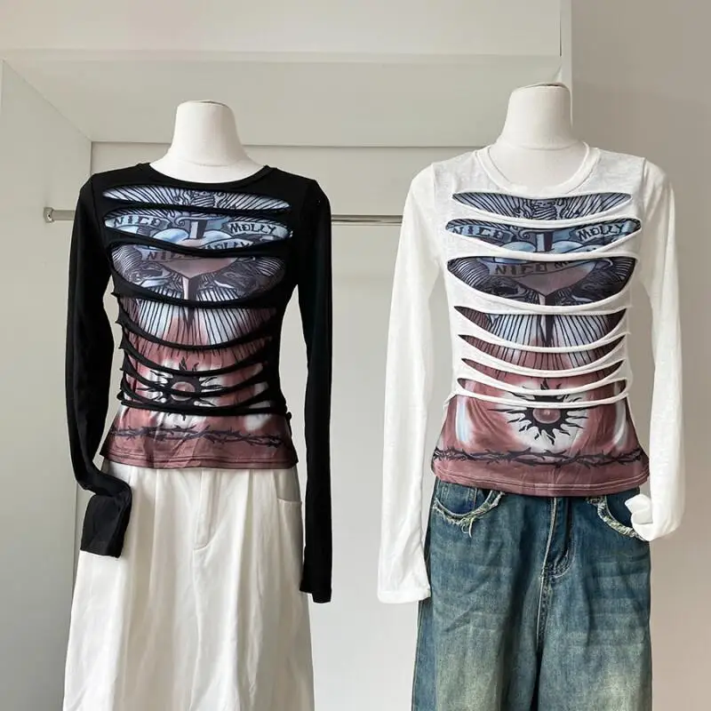 

Kawaii модные топы для девочек, студенческая повседневная женская одежда с героями мультфильмов, рубашка с длинными рукавами, потертые облегающие топы из двух предметов с принтом