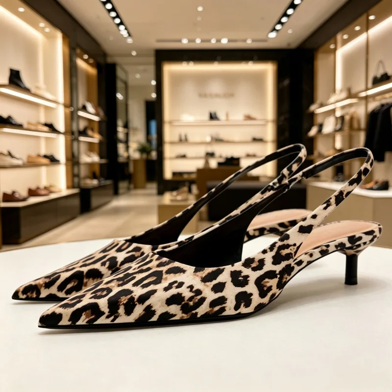 Women Leopard Print Slingback Kitten Heels Pointed Toe Thin Back Strap Slip On Vintage Animal Print Daily Party Dress Pumps