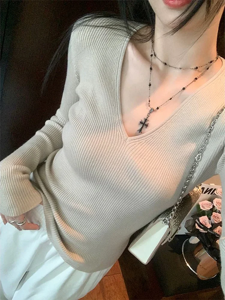 

Korean Sle Long Sve Knitted Sweater Women's Casual V-Ne Inner Wear Slimming Base irt plus Size Faionable