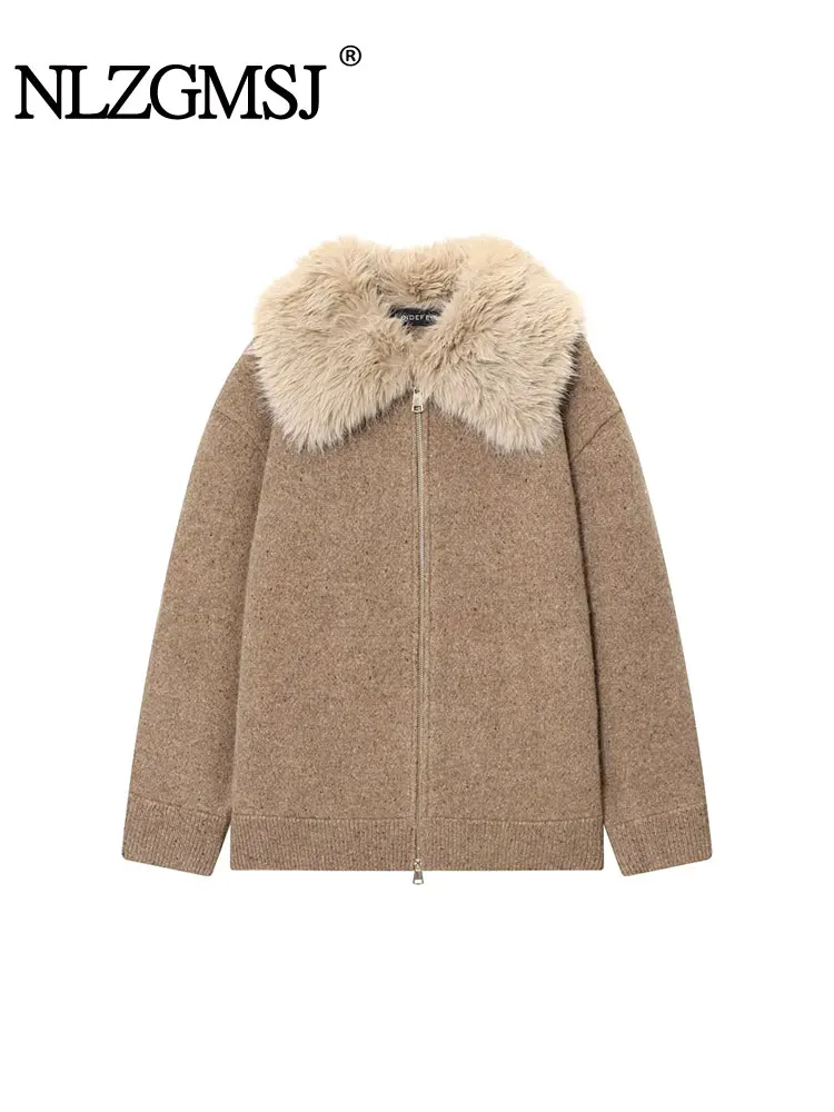 

NLZGMSJ Повседневная шикарная куртка-бомбер с мехом, однотонные пальто на молнии с карманами и длинными рукавами, новая мода, осень-зима 2025 года, верхняя одежда
