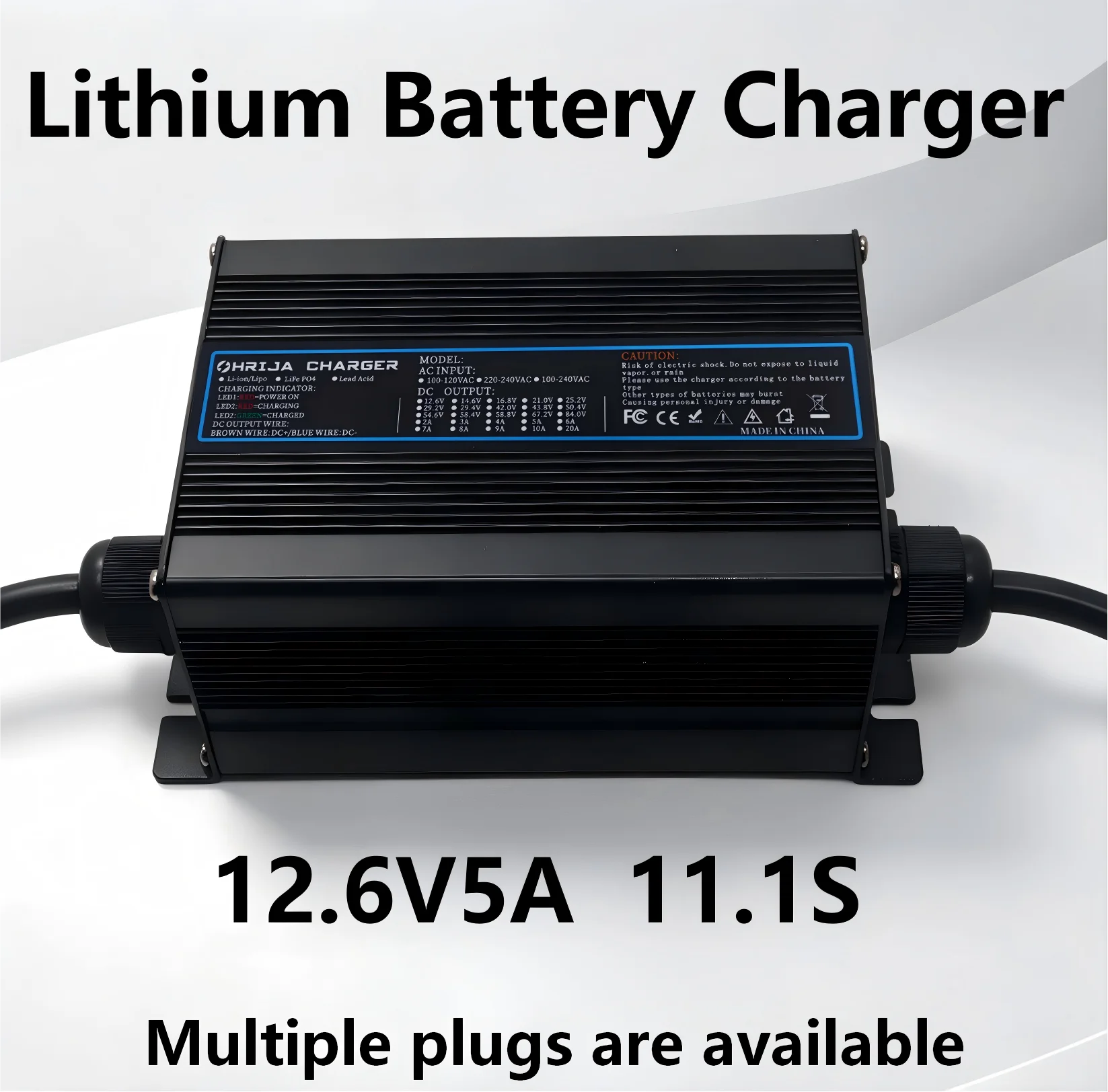 OHRIJA 12.6V 5A Fast Charger, Aluminum Shell, for 3S 11.1V Lithium Battery, Optional Plugs