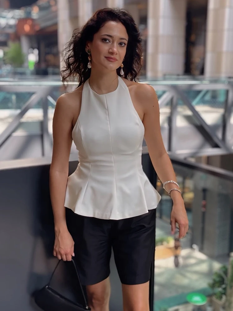 

HH женский летний новый однотонный висячий воротник без рукавов 4-цветный топ женский сексуальный модный топ с открытой спиной на молнии короткая юбка подол топ