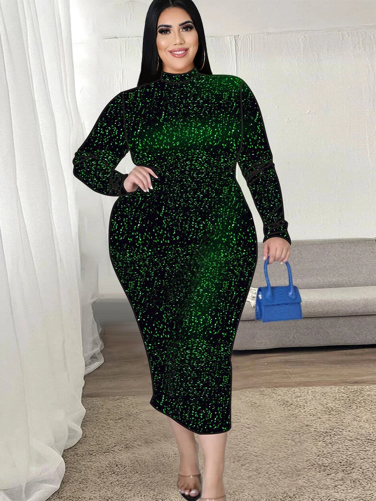 

Turtleneck Plus Size Dresses 4XL Women Long Sleeves Sexy Bodycon Sequins Green Blue Christmas Evening Party 2023 Winter Robes