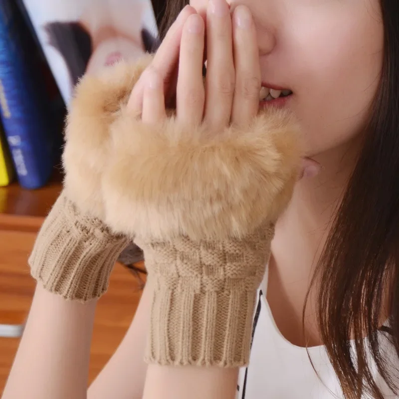 Women Winter Plush Knitted Woolen Gloves Keep Warm Half Finger Mittens Fashion Casual Soft Girls Clothes Punk Gothic Gloves