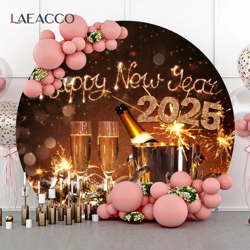 Happy New Year Round Background Cover Fireworks Champagne Clock Countdown 2025 Eve Family Party Celebrate Photography Backdrop