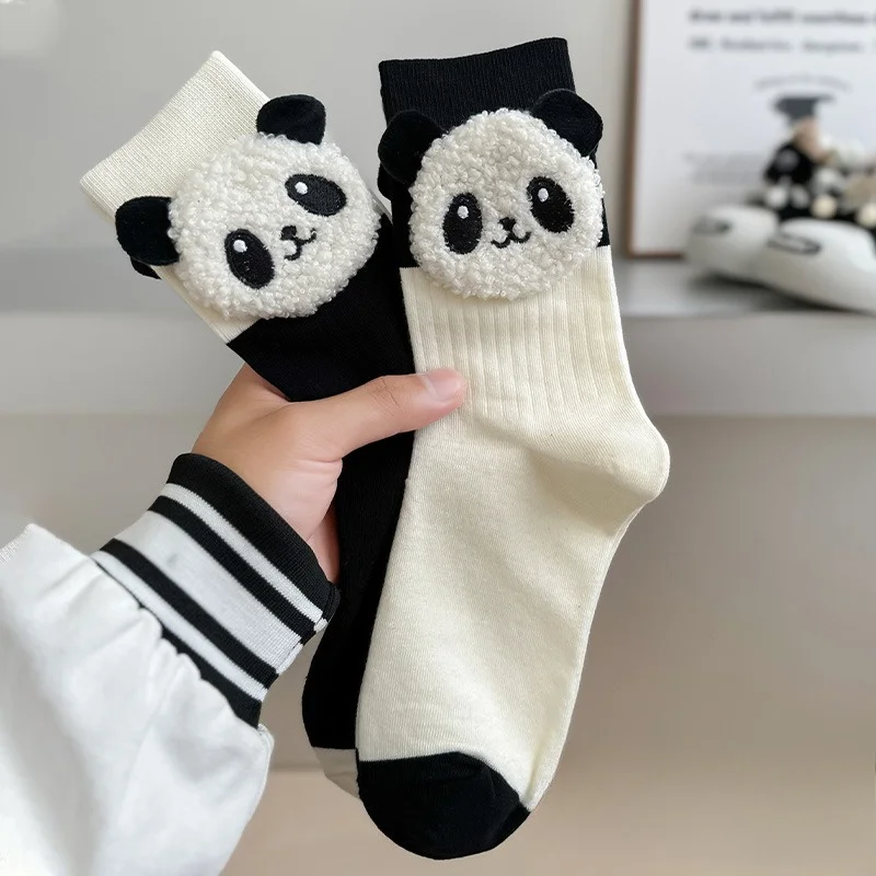 1/2 Pairs Winter Panda Cartoon Three-dimensional Mid Tube Socks Black and White Trendy Cartoon Cute College Style Women's Socks