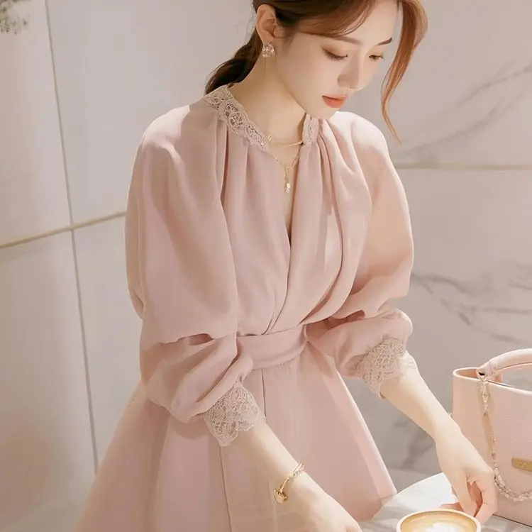 쉬폰 허리 셔츠 봄 신상 여성 레이스 트림 블라우스