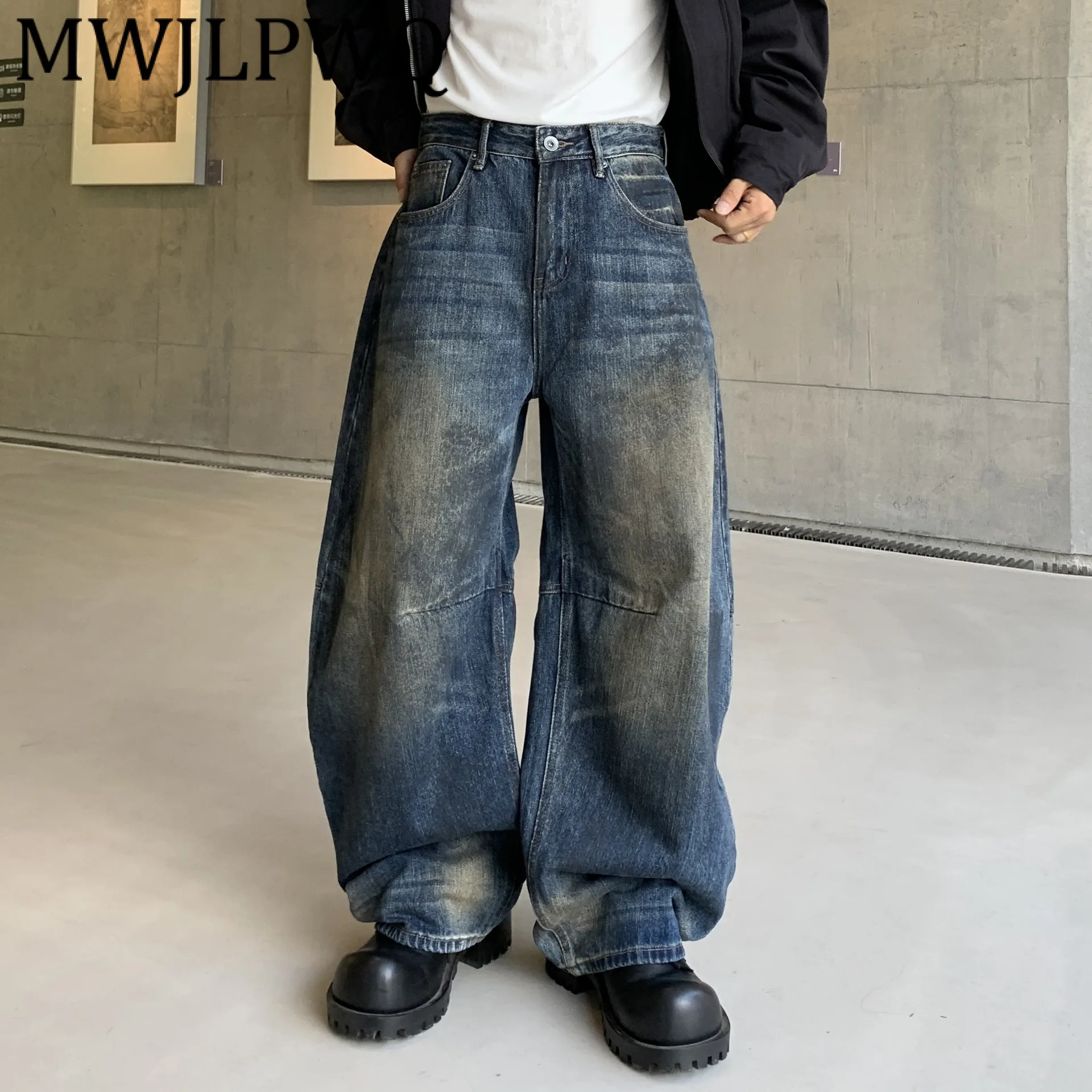 

MWJLPWQ Streeet Style Trendy Pleated Design Men's Jeans American Washed 2025 Autumn Casual High-end Machete Wide Leg Pants 12147