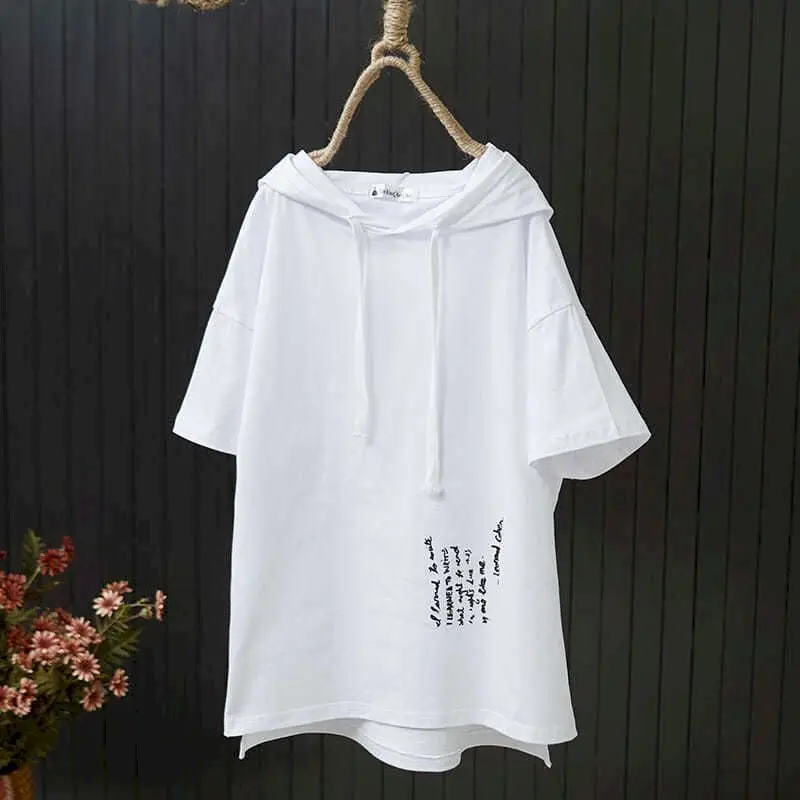 2024 New Short-sleeved T Shirts Women Hooded Printed Solid Color T-shirt Korean Style Fashion Loose Large Size All-match Tops