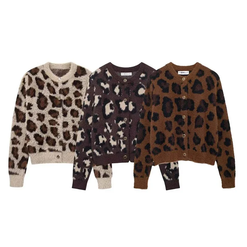 

Women' New Animal Pattern Jacquard Sweater Artificial Fur Knitted Cardigan Jacket Long Sleeve Leopard Print Warm Knitted Coat