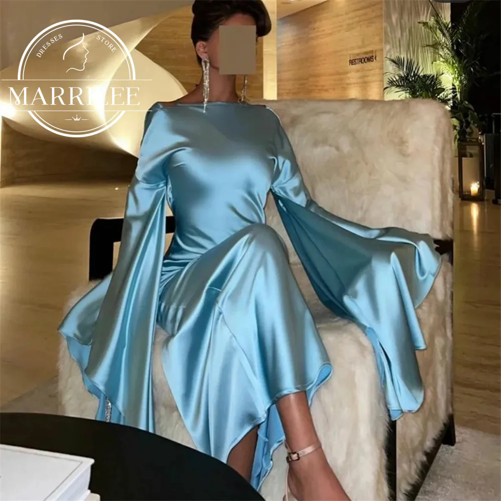 Marrilee Charming Bule O-Neck Meimaid Stain Evening Dress Sexy Ankle Length Wide Sleeves Open Back Party Prom Gowns Vestido 2024