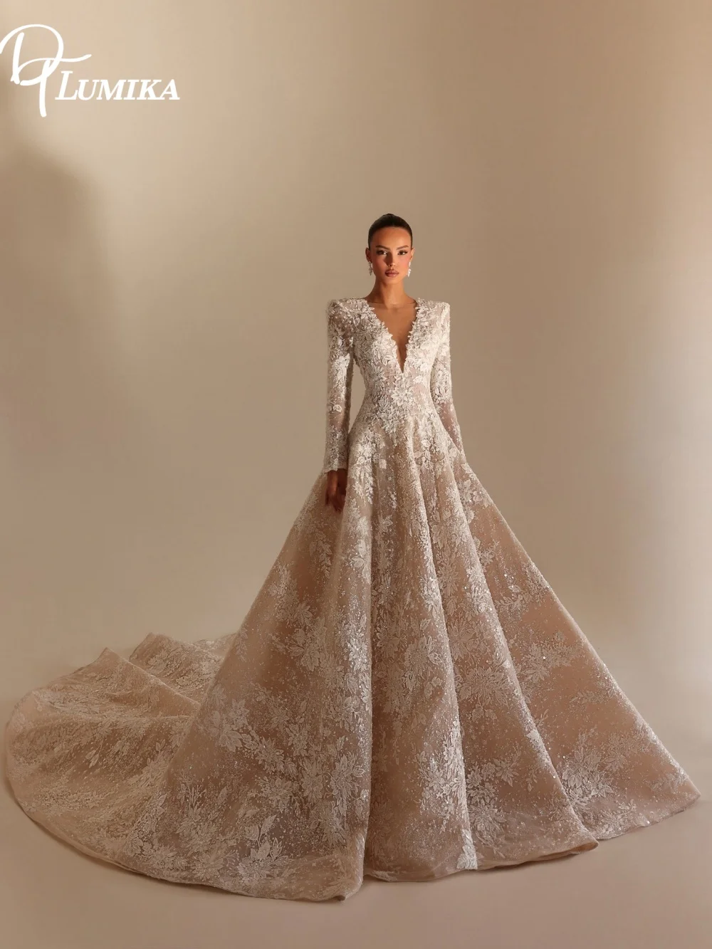 Elegant Deep V Long Sleeve Lace Wedding Dress Gown Luxury Glitter Appliques Customized Bridal Gown For Bride Vestido De Novia
