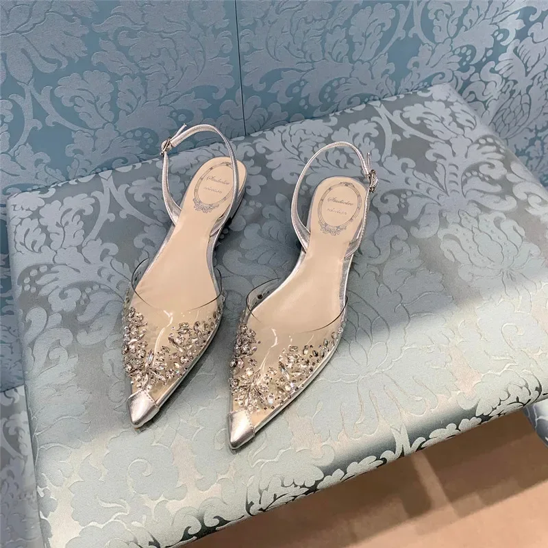 New Summer Women Rhinestone Transparent Sandals Baotou Low Heel Flat Pointed Toe Crystal Women Shoes Dress Pumps Shoes