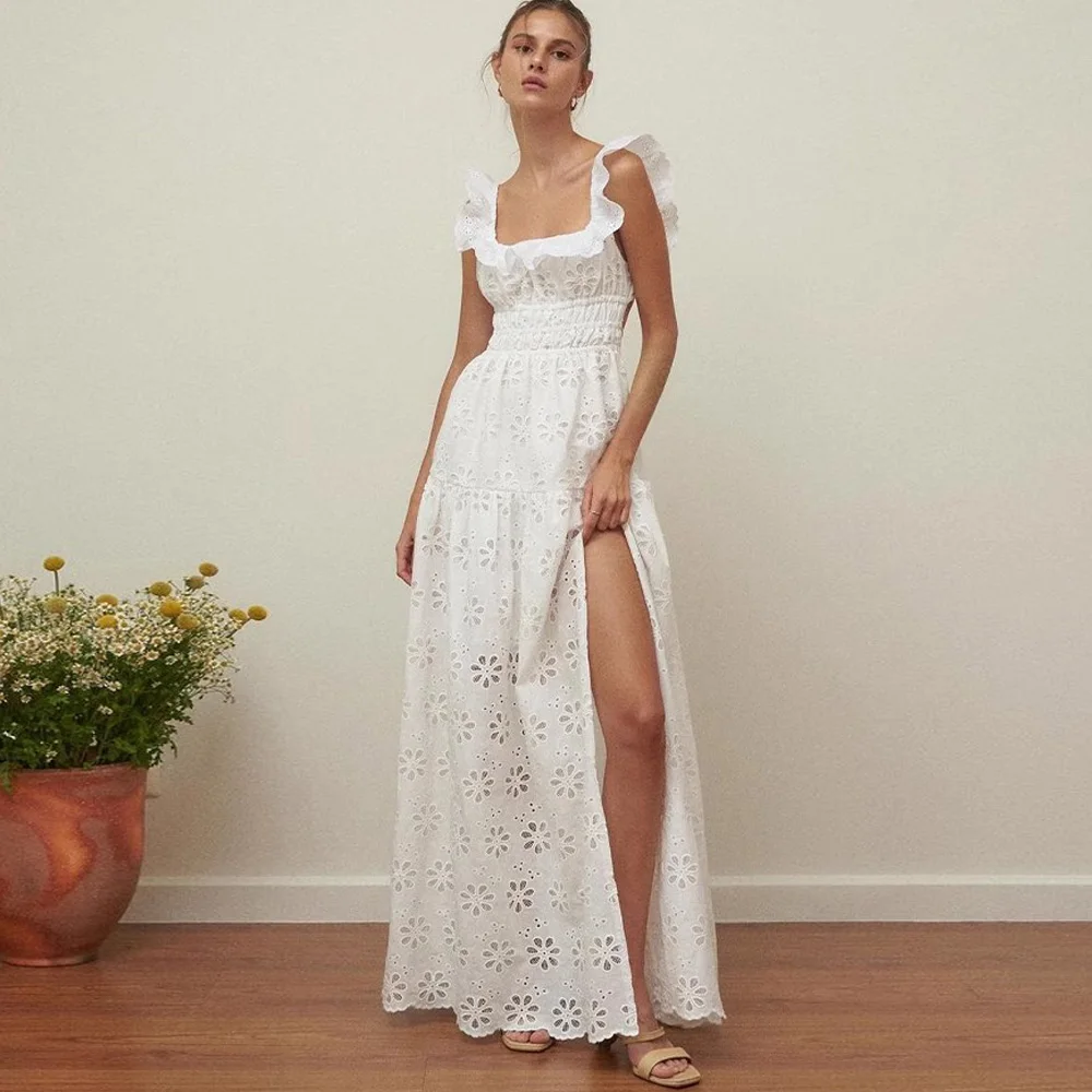 Vestidos largos de encaje con bordado Floral de algodón blanco para mujer Vinage Sexy sin espalda con abertura lateral vestido de mujer Vestidos de playa bohemios de verano