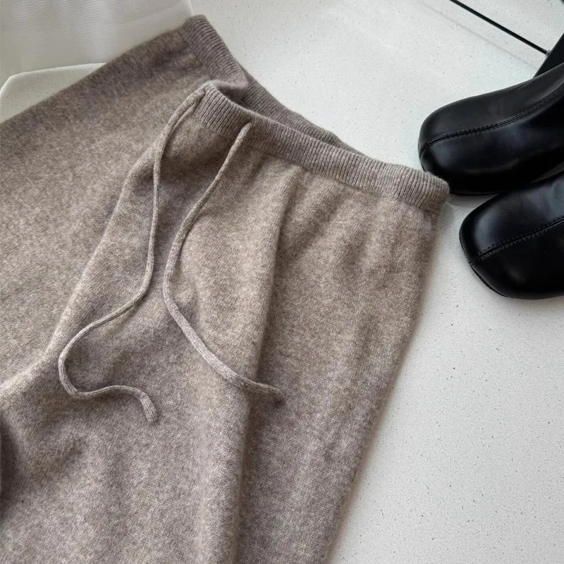 Elegant Warm Loose Female Drawstring Knitted Pants Winter Elastic Waist Pockets Wide Leg Sweater Trousers for Women