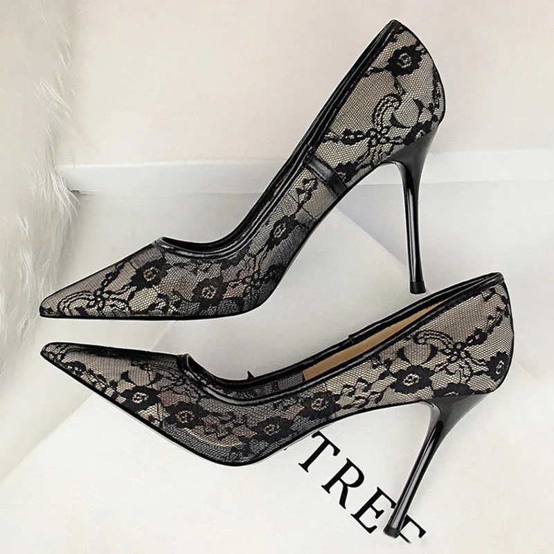 

10CM Heels Mesh Hollow Lace Woman's High Heels Sexy Party Shoes Thin Stiletto Heels Women's Shoes Fashion Designer Women's Shoes