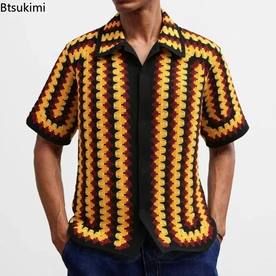 Summer New Men's Knitted Polo Shirts Ethnic Style Crochet Patchwork Hollow Out Cardigan Men Retro Casual Loose Short Sleeve Tops