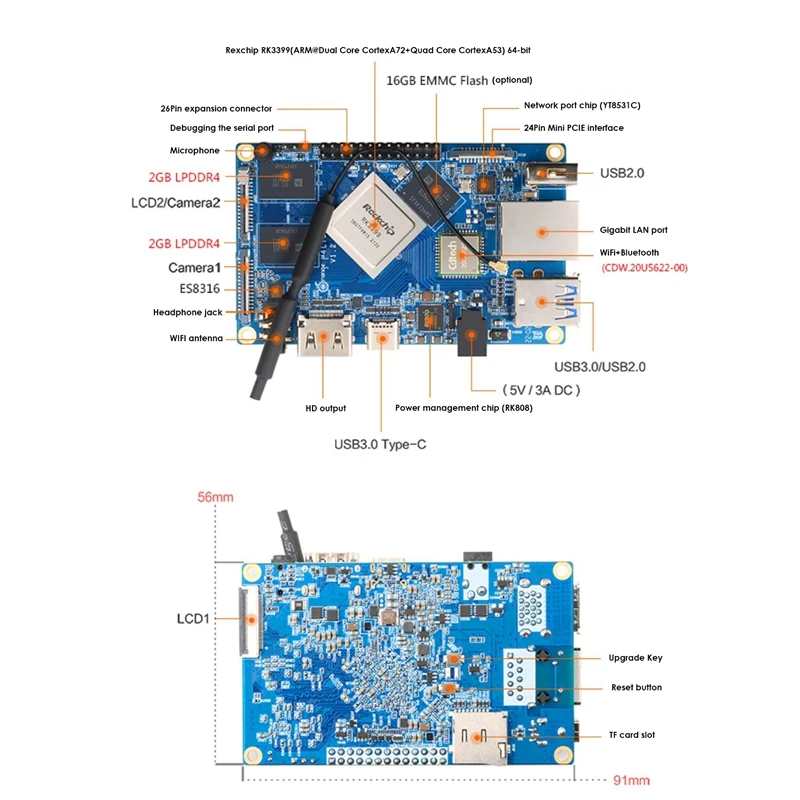 บอร์ดพัฒนาสำหรับ ORANGE Pi 4 LTS เมนบอร์ดชิป RK3399หน่วยความจำ4G 16G eMMC พร้อมเปลือก + พัดลมทำความเย็น + แผงระบายความร้อน