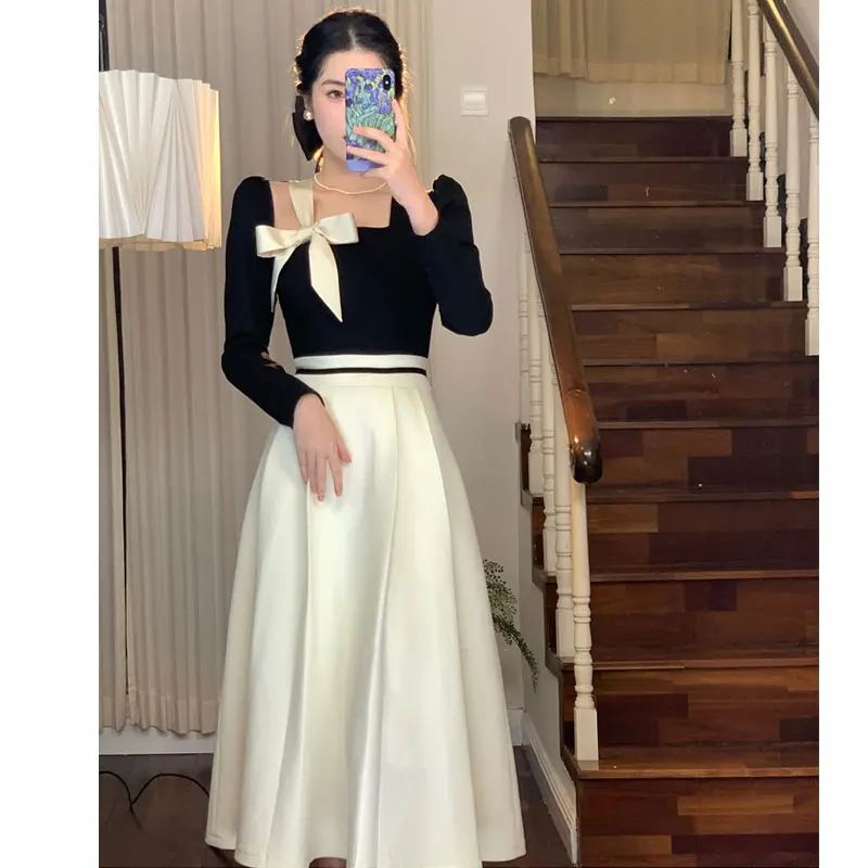 Elegant Hepburn Women Dresses 2024 Spring Korean Fashion Chic Square Collar Bow Long Sleeve Vestidos Patchwork Prom A Line Dress