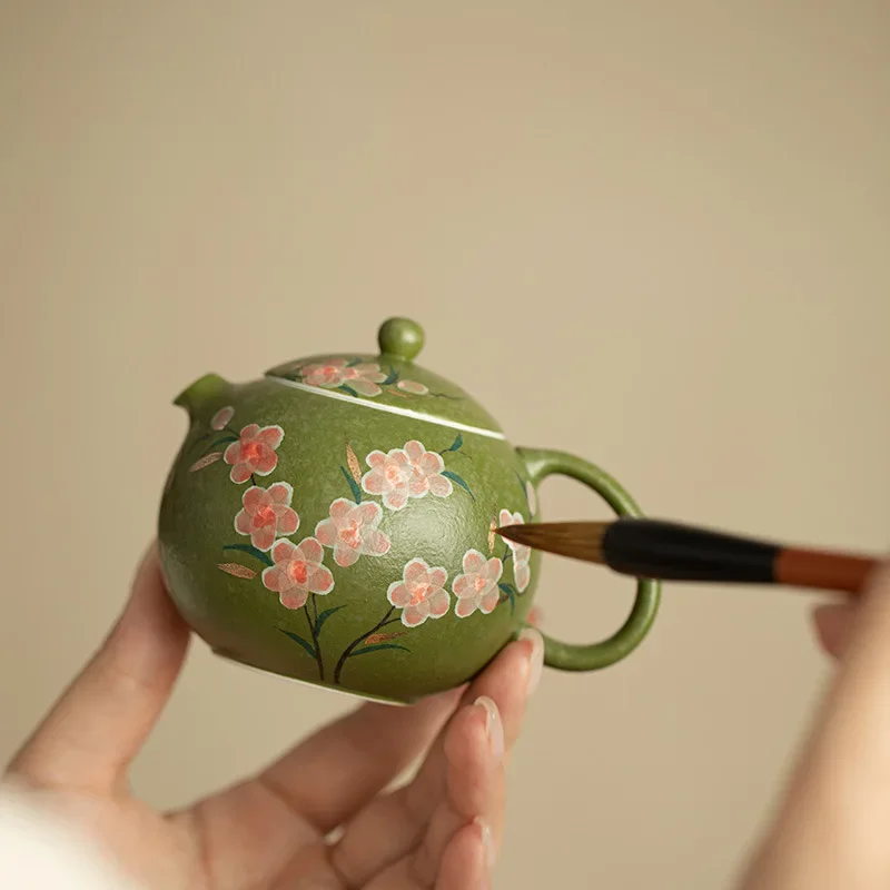 Matcha Green Hand-painted Red Unique Flowers Tea Maker Luxury Peach Tea Pot Xishi Teapot Ceramic Multicolor Chinese Teaset Pot