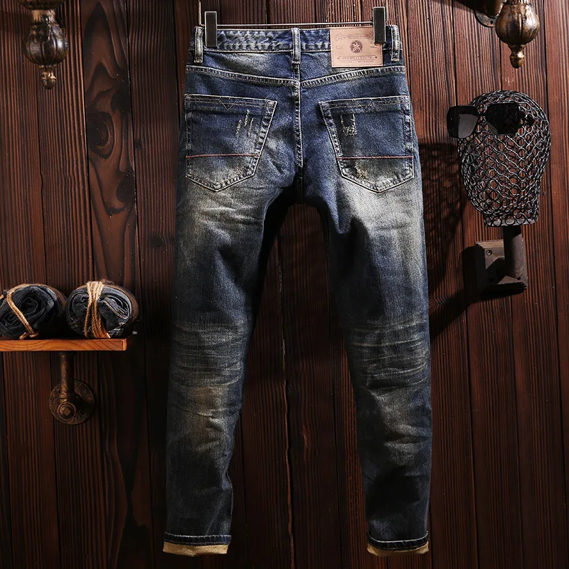 2025 Spring and Autumn slim fit small straight leg jeans men's motorcycle retro personality fashion heavyweight denim pants