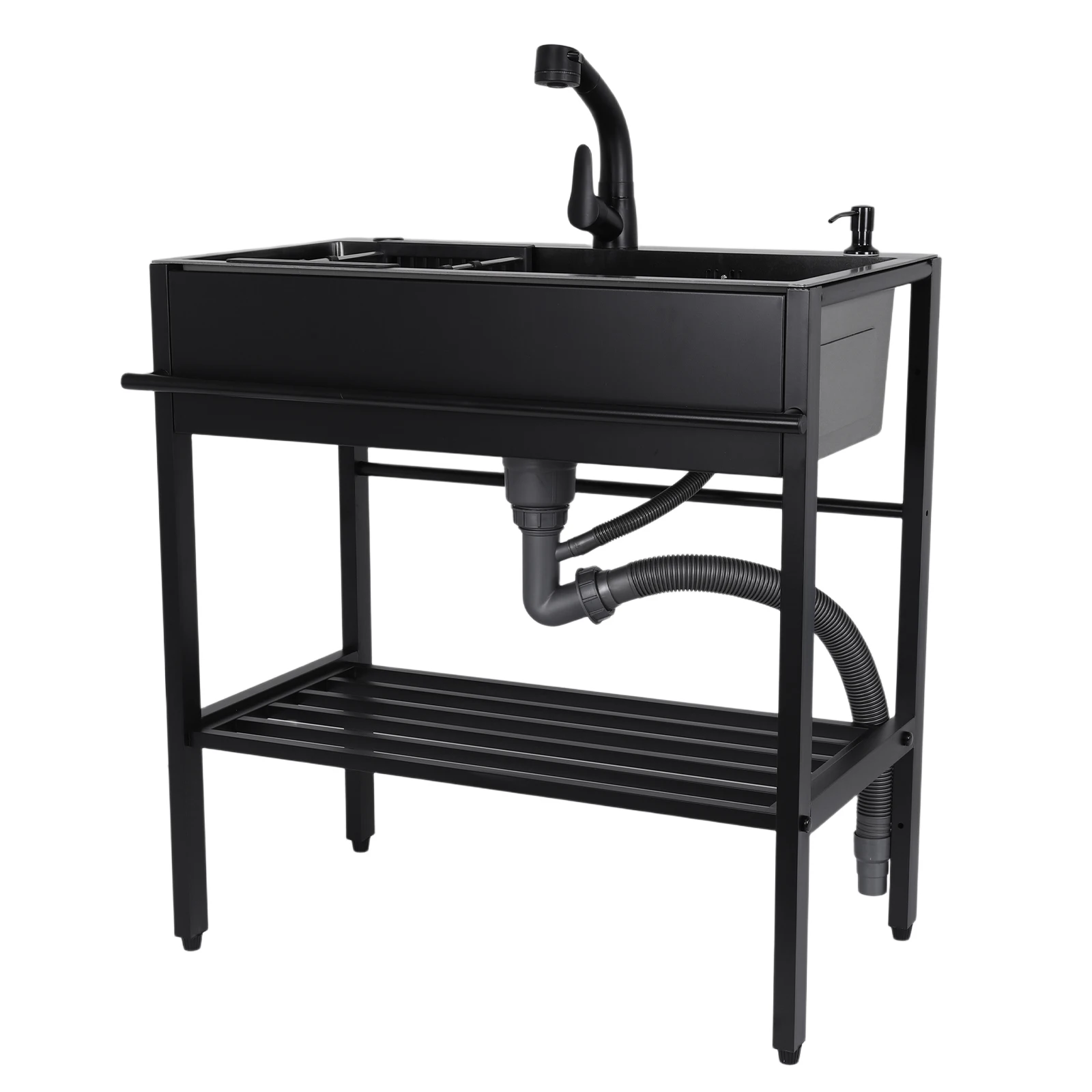 冷温水栓ホースと排水キット付きシングルボウルキッチンシンク、キッチン、ランドリールーム、ガレージ用自立式シンク