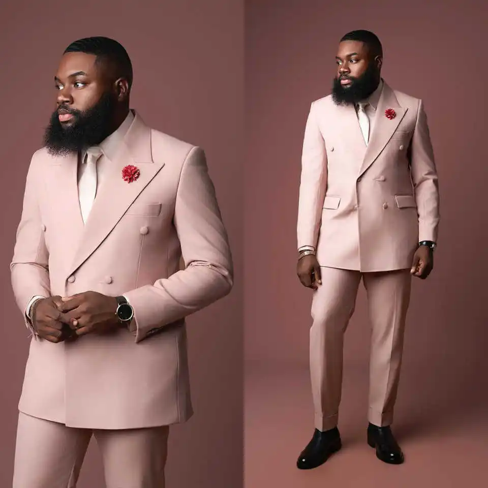 

Plus Size Pink Wedding Tuxedos 2 Piece Set Jacket Pants Double Breasted Men Suit Peaked Lapel Groom Wear Party Suits Customized