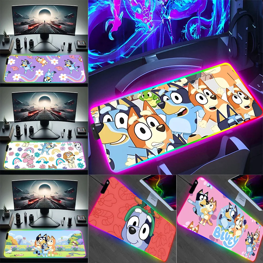 Hot Cartoon Cute Dogs B-BlueyS RGB Pc Gamer Keyboard Mouse Pad Mousepad LED Glowing Mouse Mats Rubber Gaming Computer Mausepad