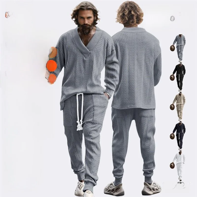 

Мужской вязаный комплект для весны и осени: повседневные брюки и модный свитер с V-образным вырезом и цветочным узором