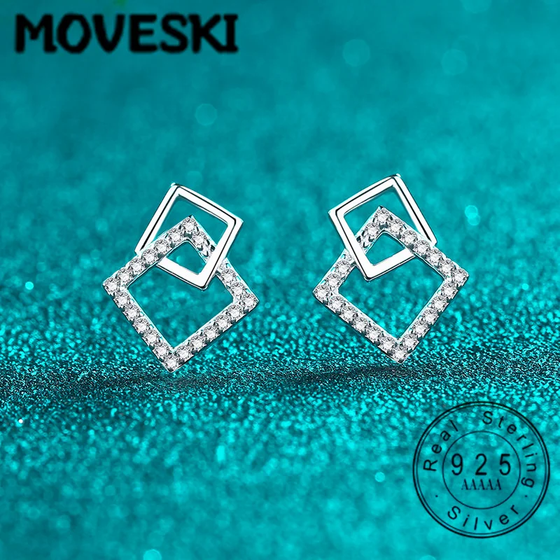 

Серьги-гвоздики из стерлингового серебра 925 пробы с двойными квадратными муассанитами | Серьги с геометрическим узором из муассанита для женщин