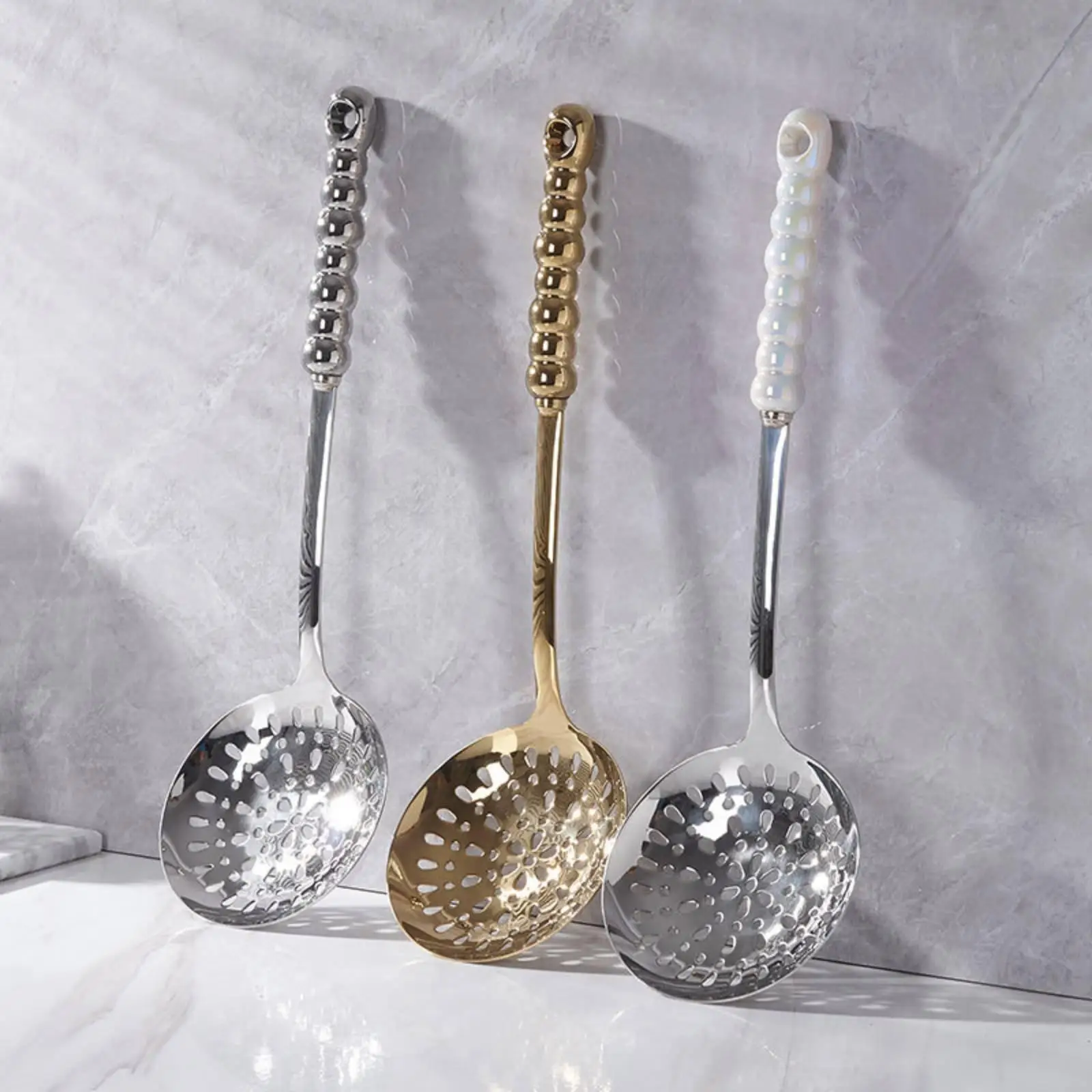 7 Piece Kitchen Utensil Set Stainless Steel Ceramic Handle Soup Ladle Frying Turner with Rotating Storage for Everyday