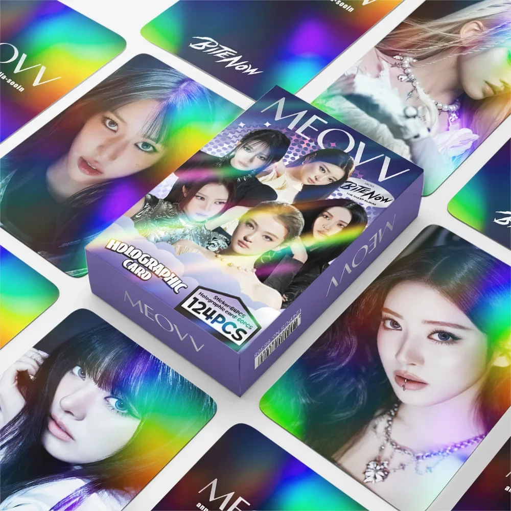 124Pcs/Set Idol Girl Group MEOVV New Album BITE NOW Holographic Card Sticker Ella Gross Gawon Kim Sooin Anna Narin Fan Gift