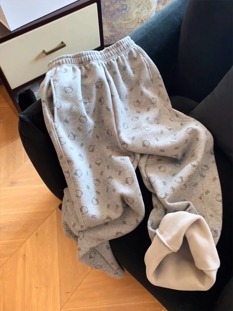 عدة طباعة Fce اصطف Thiened المرأة الرياضة Sweatpants الخريف الشتاء الدافئة فضفاضة عادية بنطال ذو قصة أرجل واسعة عالية الخصر Straig...