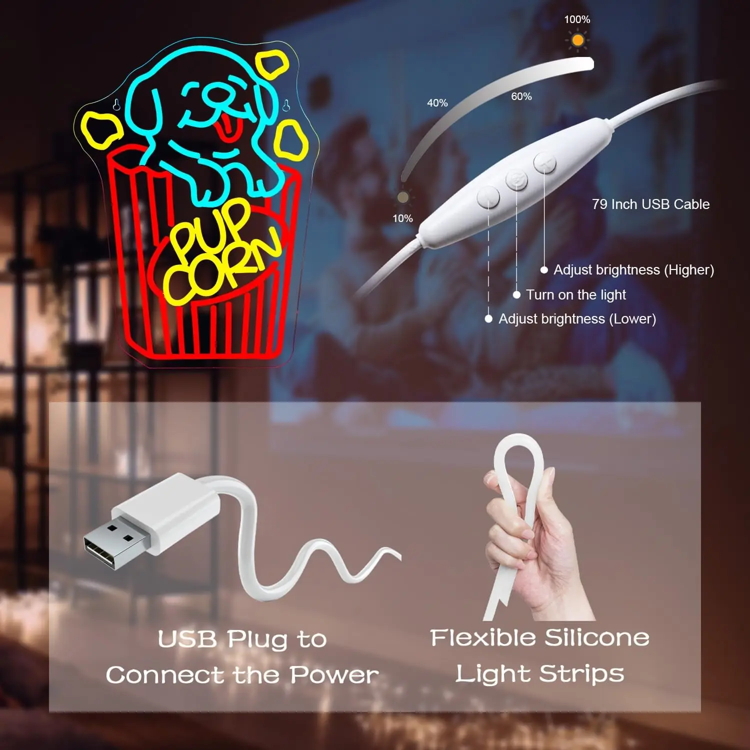 Puppy Popcorn Box Neon Sign Cinema LED Neon Light for Wall Decor Dog Popcorn Neon Light Dimmable USB for Party Bar Theater Decor