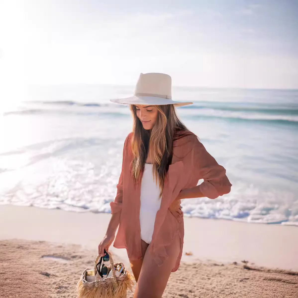 ผู้หญิงกึ่งเชียร์ปุ่มด้านหน้าปกคลุม, Boho Casual Long Sleeve Pocket Collared Top สําหรับ Beach Holiday Vacation,
