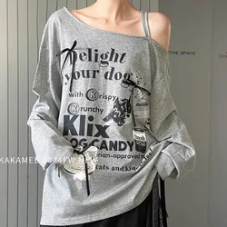 Autumn Casual Letter Printing Top Tee Women Clothes Trend Irregular Off Shoulder Loose Long Sleeve T-Shirts Female Korean Tops